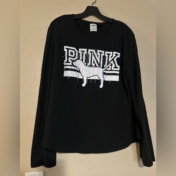 VICTORIA’S SECRET PINK BLACK AND WHITE RHINESTONE TEE DOG LOGO - Picture 1 of 3